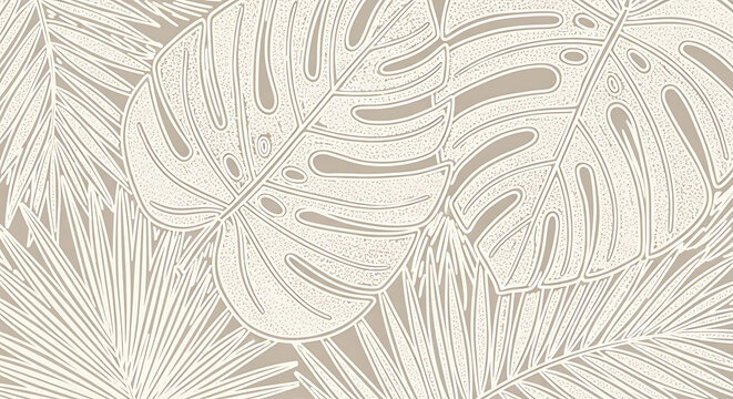 Elegant monstera and palm tropical leaf pattern in a beige minimalist botanical background for sophisticated interior design
