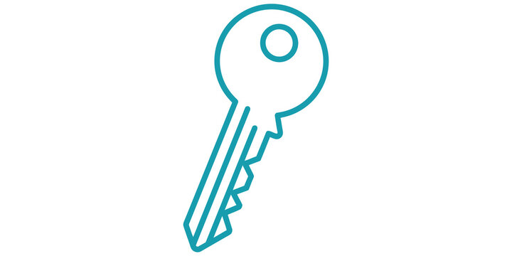Cyan outline security key line art icon on transparent background