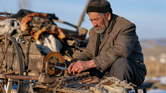 An elderly knife sharpener sits on a low stool in a quiet rural landscape, a grinding wheel spinning slowly beside a worn wooden cart as soft February overcast light settles across frost-tipped fiel