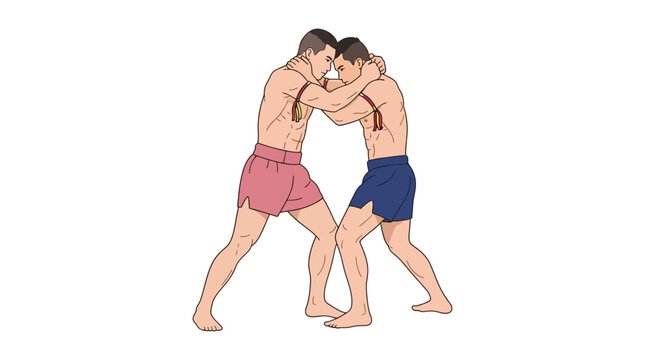 Two Muay Thai fighters in a clinch position during a match
