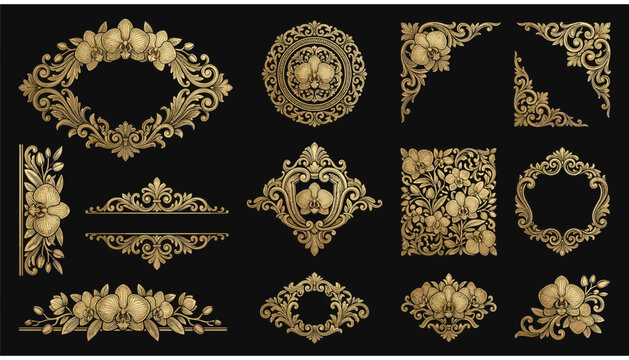 Set of vintage gold baroque ornaments, decorative floral frames, corners, and borders for luxury design