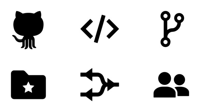 Software Development Icons Set: GitHub, Code, Branching, Folder, Merge, Team Collaboration, Vector Graphics