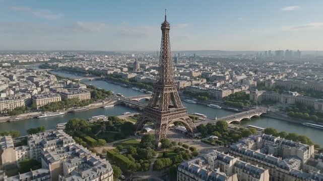 Close-up aerial view of eiffel tower in paris with river seine and city france