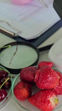 Exploring fruits under a microscope in a lab setting with cherries and strawberries