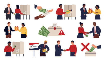 Fototapeta premium Political Vote Buying and Election Bribery Illustration Collection with Candidates Offering Money, Gifts, Ballots, Corruption, and Unethical Campaign Practices