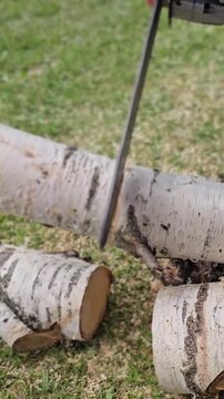 Cutting logs in the backyard using a chainsaw during the afternoon
