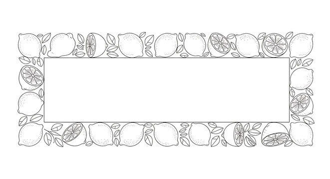 Handdrawn lemon frame in line art style featuring a citrus border and botanical illustration perfect for a coloring page or organic food menu design