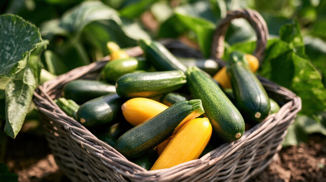 Fresh green and yellow zucchini harvest displayed in a rustic wicker basket among lush vegetable plants in a sunny garden