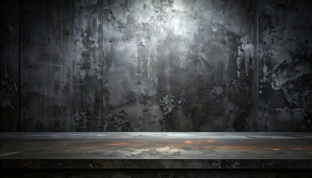 Dark industrial metal table against a textured grunge wall