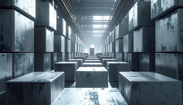 Futuristic industrial warehouse with metallic storage cubes and cool light