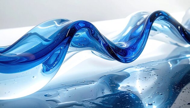 Abstract blue wavy glass sculpture on reflective surface