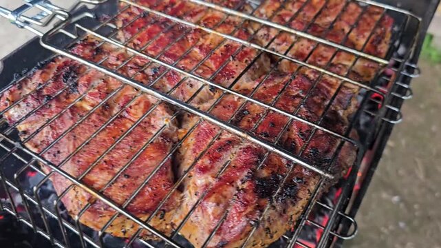 Grilling meat on open flames in a backyard during summer