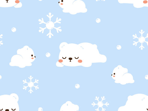Cute seamless sleeping polar bear pattern featuring adorable white bears, snowflakes, and tiny snow dots on a soft pastel blue background in hand drawn flat vector style.