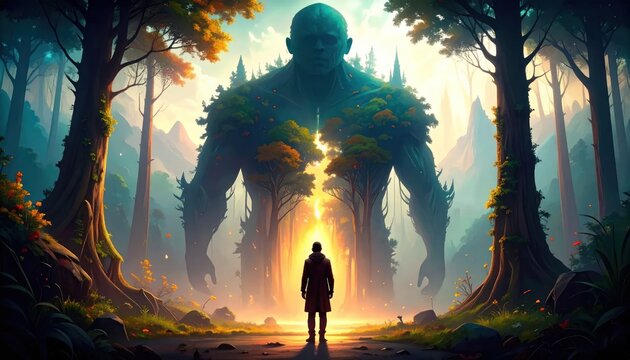 Giant forest spirit standing before man in mystical woods