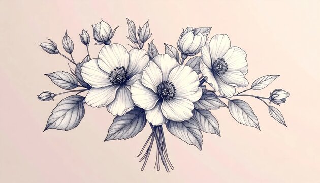 Hand drawn floral bouquet illustration with anemones and leaves