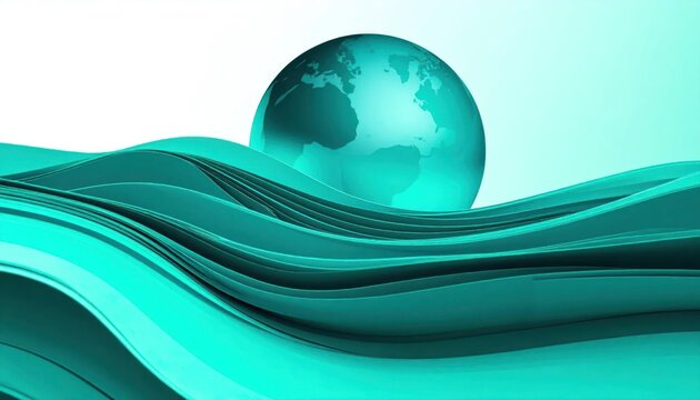 Teal 3D earth globe on abstract wavy background