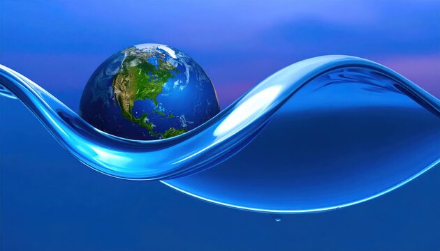 Planet Earth globe floating on blue liquid water wave