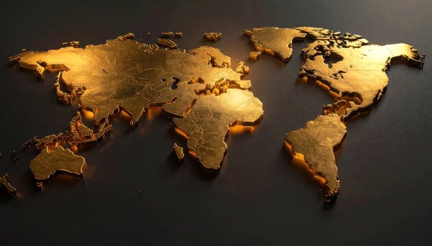 Luxurious 3D golden world map on dark textured background