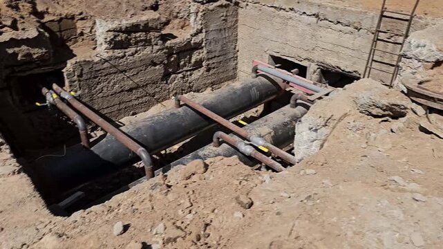 Construction site shows underground pipes being installed in a trench on a sunny day