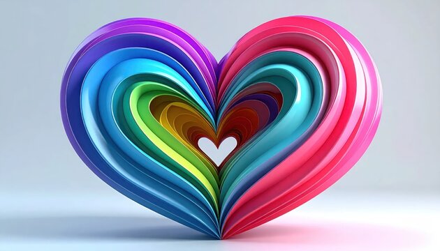 Vibrant 3D layered rainbow heart symbol for love and pride