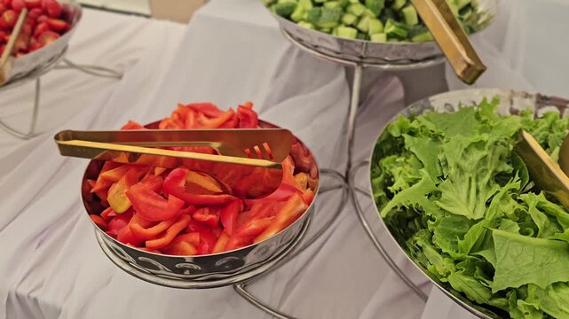 Fresh vegetables served at a gathering on a long table with bowls of salad and toppings