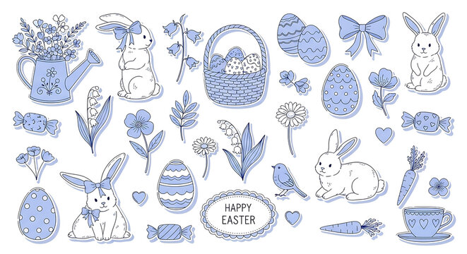A charming blue Easter sticker collection featuring a cute bunny decorated egg designs and spring flower illustrations for festive holiday projects