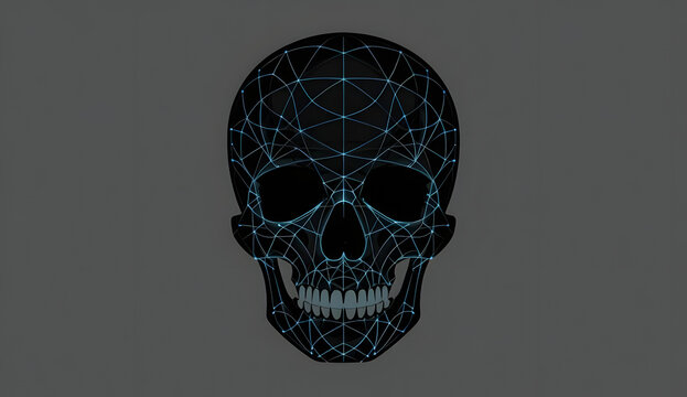 Digital Human Skull with Glowing Blue Wireframe Mesh Grid, Cyberpunk AI Facial Recognition Concept