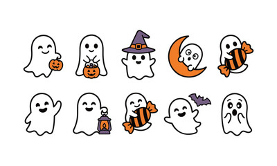 Fototapeta premium Cute Ghost Halloween Vector Element Set with Pumpkin Basket