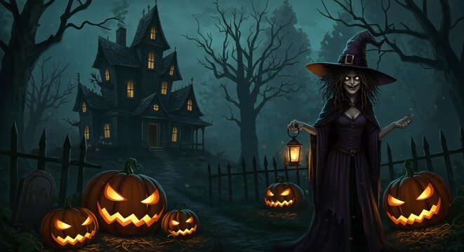 Creepy witch holding a glowing lantern in front of a haunted house with carved jack-o'-lanterns on a dark Halloween night.