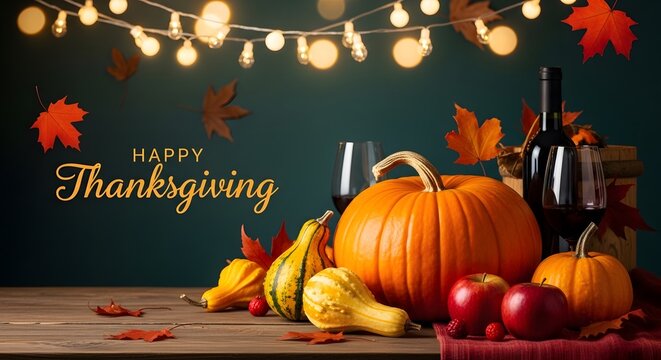 Festive thanksgiving table setting with pumpkins gourds wine and warm string lights on a rustic wooden background