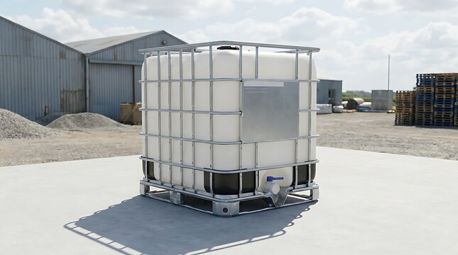 Large white plastic water tank container with a metal cage frame standing in an outdoor industrial yard. ibc container