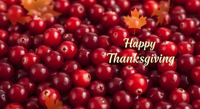 A festive background of fresh red cranberries with maple leaves and a happy thanksgiving greeting message