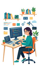 Fototapeta premium Female programmer at an organized home office desk.