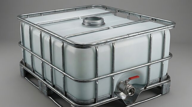 Large plastic industrial water tank container with a metal cage frame on a shipping pallet for storage. ibc container