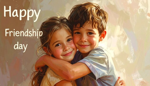 Two kids sharing a friendly hug , happy friendship day concept background 