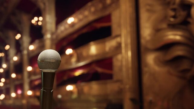 A microphone is positioned on a stage at a theater. The venue is illuminated with warm lights. The audience seats are empty as the night show is about to begin.