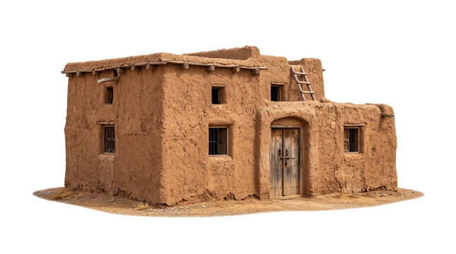 Traditional adobe house with clay walls. Rustic desert architecture, ancient mud brick dwelling with wooden ladder and door. isolated PNG with Transparent Background