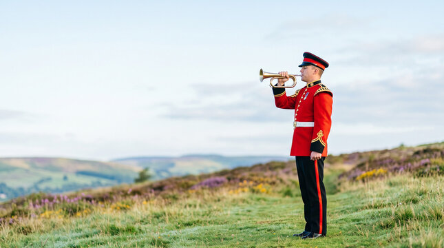 Bugler playing 'The Last Post' in military uniform on a hillside  