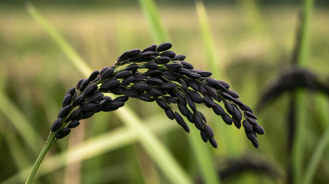 Closeup of mature black rice panicle filled with dark grains bending against green leaves in a field near harvest