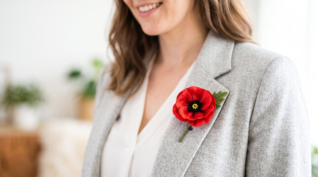 Close-up of a poppy lapel pin on a woman's blazer in a modern home  
