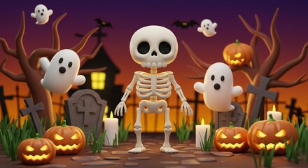 Fototapeta premium Cute 3D Skeleton Standing in a Spooky Graveyard with Floating Ghosts and Glowing Pumpkins at Night