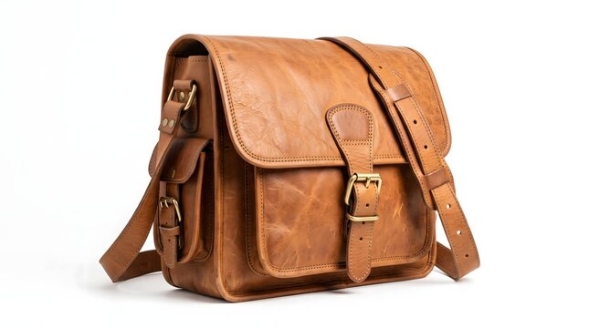 Classic brown leather messenger bag featuring durable brass buckles and adjustable shoulder strap isolated against a clean solid white background
