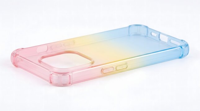 Translucent smartphone protective cover featuring vibrant gradient pink yellow and blue colors resting on a clean white studio background surface