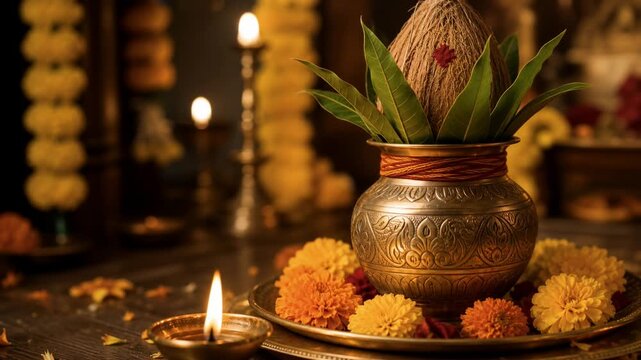 Traditional Hindu Kalash with Coconut Mango Leaves and Oil Lamps