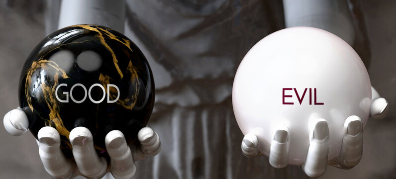 Good or Evil - decide between two options. Greek statue presenting a choice: good or evil, weighing their values. Looking at pros and cons. Presenting possibilities. ,3d illustration