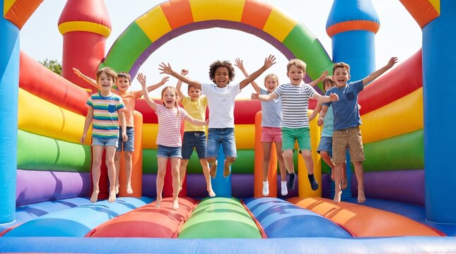 Happy children jumping on a colorful inflatable bouncy castle at a birthday party