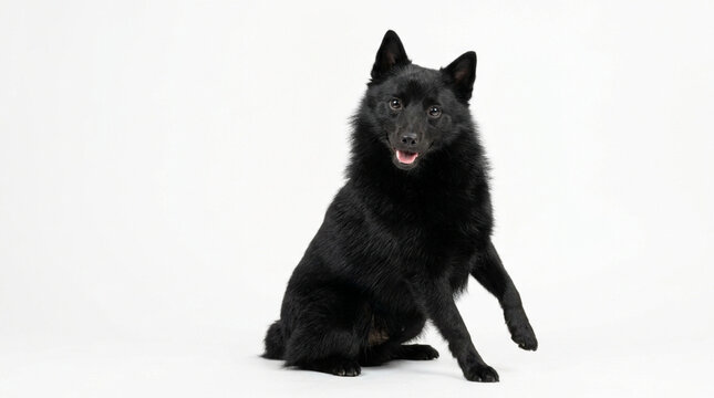 Alert black Schipperke dog sitting on white background, studio portrait.