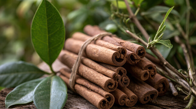 Freshly harvested cinnamon bark sticks tied in bundles among green cinnamon leaves in a tropical plantation