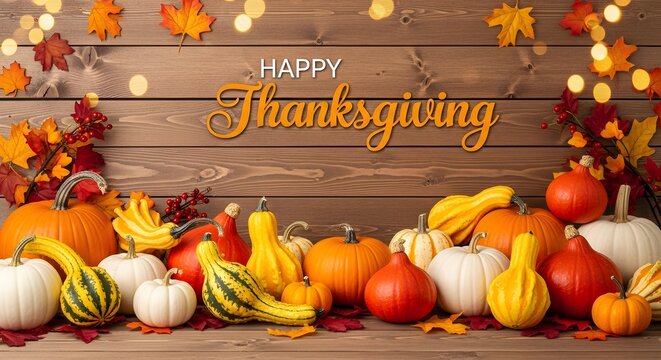 Happy thanksgiving greeting with assorted pumpkins and autumn leaves on a rustic wooden background with warm fairy lights