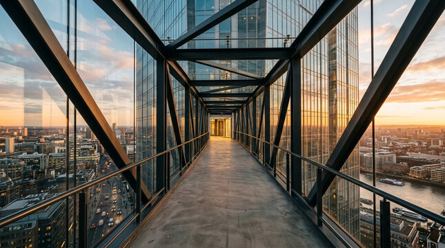 Modern Skybridge Connects Towering Cityscape at Sunset